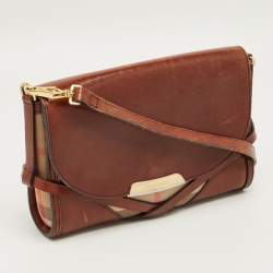 Pre Owned Burberry Brown/Beige House Check Fabric and Leather Abbott Shoulder Bag