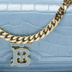 Pre Owned Burberry Light Blue Croc Embossed Leather TB Elongated Chain Bag