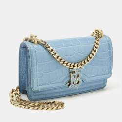 Pre Owned Burberry Light Blue Croc Embossed Leather TB Elongated Chain Bag