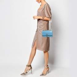 Pre Owned Burberry Light Blue Croc Embossed Leather TB Elongated Chain Bag