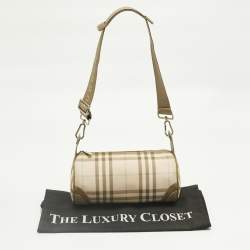 Pre Owned Burberry Pink/Beige House Check Nylon and Leather Barrel Bag