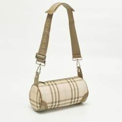 Pre Owned Burberry Pink/Beige House Check Nylon and Leather Barrel Bag