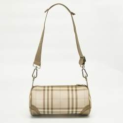 Pre Owned Burberry Pink/Beige House Check Nylon and Leather Barrel Bag