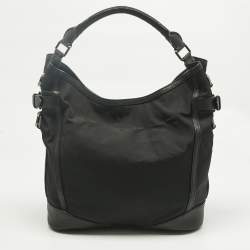 Pre Owned Burberry Black Leather and Nylon Logo Hobo
