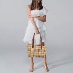 Pre Owned Burberry Beige/Brown Haymarket Check Coated Canvas and Leather Tote