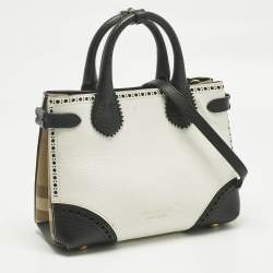 Pre Owned Burberry White/Black Leather and House Check Fabric Small Brogues Banner Tote