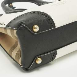 Pre Owned Burberry White/Black Leather and House Check Fabric Small Brogues Banner Tote