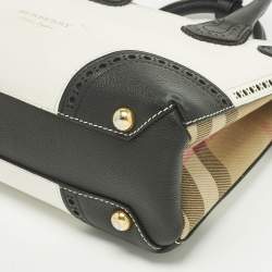 Pre Owned Burberry White/Black Leather and House Check Fabric Small Brogues Banner Tote