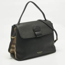 Pre Owned Burberry Black Leather and House Check Fabric Medium Camberley Top Handle Bag