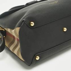 Pre Owned Burberry Black Leather and House Check Fabric Medium Camberley Top Handle Bag