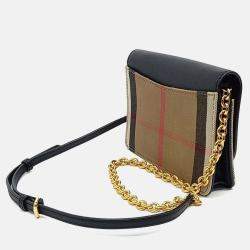 Pre Owned Burberry Beige Black Canvas and Leather Hampshire Mini Crossbody Bag