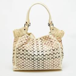 Pre Owned Burberry Cream/Beige Woven Nova Check PVC and Patent Leather Tote