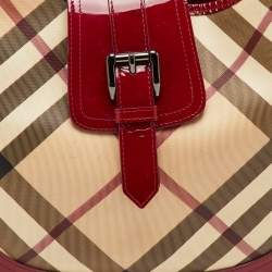 Pre Owned حقيبة هوبو بربري بروك جلد ببراءات عاجي/بورغندي كارو نوفا PVC