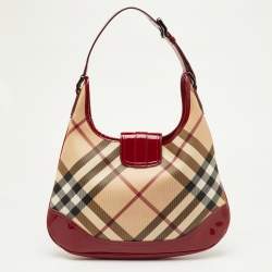 Pre Owned حقيبة هوبو بربري بروك جلد ببراءات عاجي/بورغندي كارو نوفا PVC