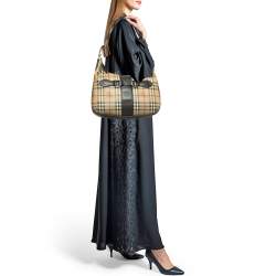 مملوكة مسبقًا Burberry Dark Brown/Beige Haymarket Coated Canvas and Leather Hobo