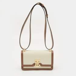 Pre Owned Burberry TB Brown/Beige Canvas and Leather Shoulder Bag