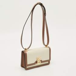 Pre Owned Burberry TB Brown/Beige Canvas and Leather Shoulder Bag