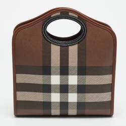 Pre Owned Burberry Pocket Mini Black/Brown Knitted Check Coated Canvas and Leather Bag
