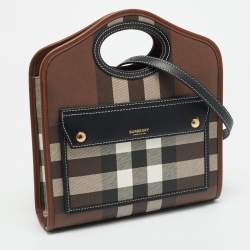 Pre Owned Burberry Pocket Mini Black/Brown Knitted Check Coated Canvas and Leather Bag