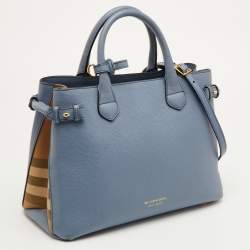 Pre Owned Burberry Banner Medium Blue/Beige Leather and House Check Canvas Tote