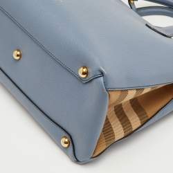 Pre Owned Burberry Banner Medium Blue/Beige Leather and House Check Canvas Tote