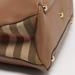 Pre Owned Burberry Banner Medium Beige House Check Canvas and Leather Tote