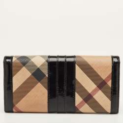 Pre Owned Burberry Beige/Black Nova Check PVC and Patent Leather Flap Continental Wallet