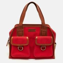 Pre Owned Burberry Red/Beige Nova Check Canvas and Leather Satchel
