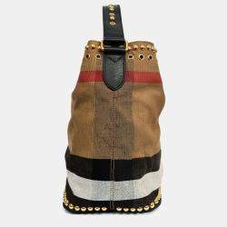 Pre Owned Burberry Brown/Black Linen/Leather Novacheck Studded Hobo Bag