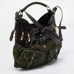 Pre Owned Burberry Bromley Brown/Khaki Quilted Nylon and Patent Leather Hobo