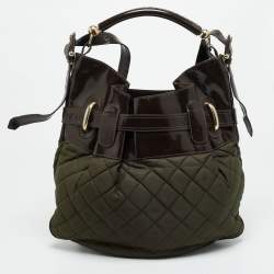 Pre Owned Burberry Bromley Brown/Khaki Quilted Nylon and Patent Leather Hobo