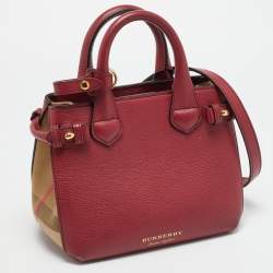 Pre Owned Burberry Banner Mini Red/Beige Leather and House Check Fabric Tote