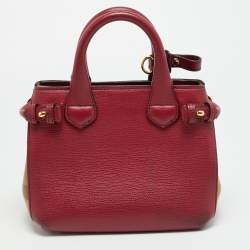 Pre Owned Burberry Banner Mini Red/Beige Leather and House Check Fabric Tote