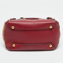 Pre Owned Burberry Banner Mini Red/Beige Leather and House Check Fabric Tote