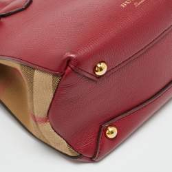 Pre Owned Burberry Banner Mini Red/Beige Leather and House Check Fabric Tote