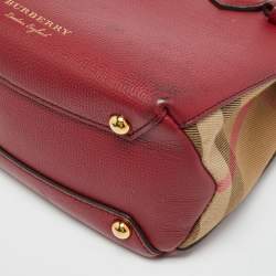 Pre Owned Burberry Banner Mini Red/Beige Leather and House Check Fabric Tote