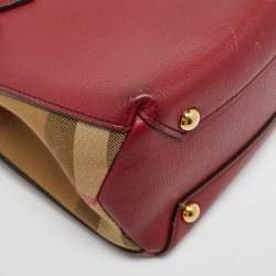 Pre Owned Burberry Banner Mini Red/Beige Leather and House Check Fabric Tote