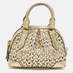 Pre Owned Burberry Thornley Small Gold Woven Haymarket Check PVC and Leather Satchel