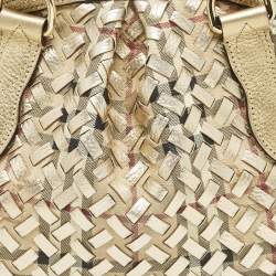 مملوكة مسبقًا Burberry Thornley Small Gold Woven Haymarket Check PVC and Leather Satchel