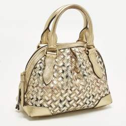 مملوكة مسبقًا Burberry Thornley Small Gold Woven Haymarket Check PVC and Leather Satchel