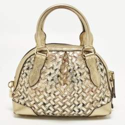 مملوكة مسبقًا Burberry Thornley Small Gold Woven Haymarket Check PVC and Leather Satchel