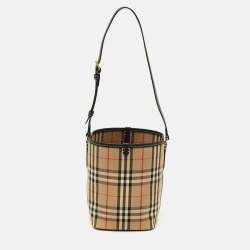 Pre Owned Burberry Ashby Archive Beige Check Fabric and Leather Bucket Bag