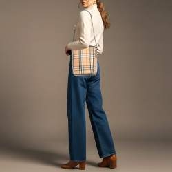 Pre Owned Burberry Ashby Archive Beige Check Fabric and Leather Bucket Bag