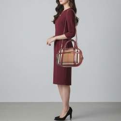 مملوكة مسبقًا Burberry Orchard Burgundy/Beige House Check Fabric and Leather Bowler Bag