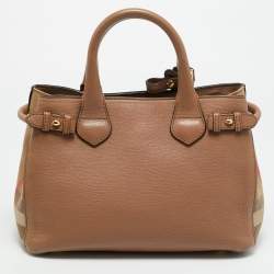 مملوكة مسبقًا حقيبة يد توتس بربري قماش كاروهاس هاوس تشيك وجلد بنية صغيرة