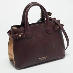 Pre Owned Burberry Banner Small Burgundy/Beige House Check Fabric and Leather Tote