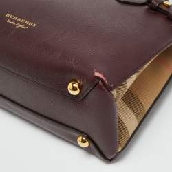 Pre Owned Burberry Banner Small Burgundy/Beige House Check Fabric and Leather Tote