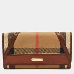 Pre Owned Burberry Leighton Brown/Beige House Check Canvas and Leather Continental Wallet