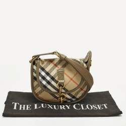Pre Owned Burberry B Clip Mini Khaki Heritage Check Canvas Messenger Bag