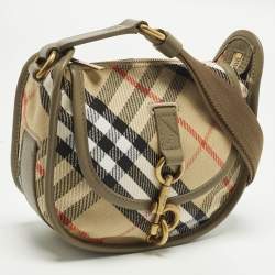 Pre Owned Burberry B Clip Mini Khaki Heritage Check Canvas Messenger Bag
